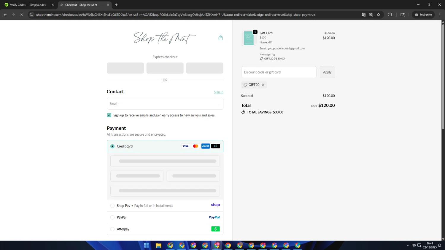 Mint Julep Boutique checkout page showing Mint Julep Boutique coupon code box | Screenshot taken by SimplyCodes community member on Dec 22, 2025