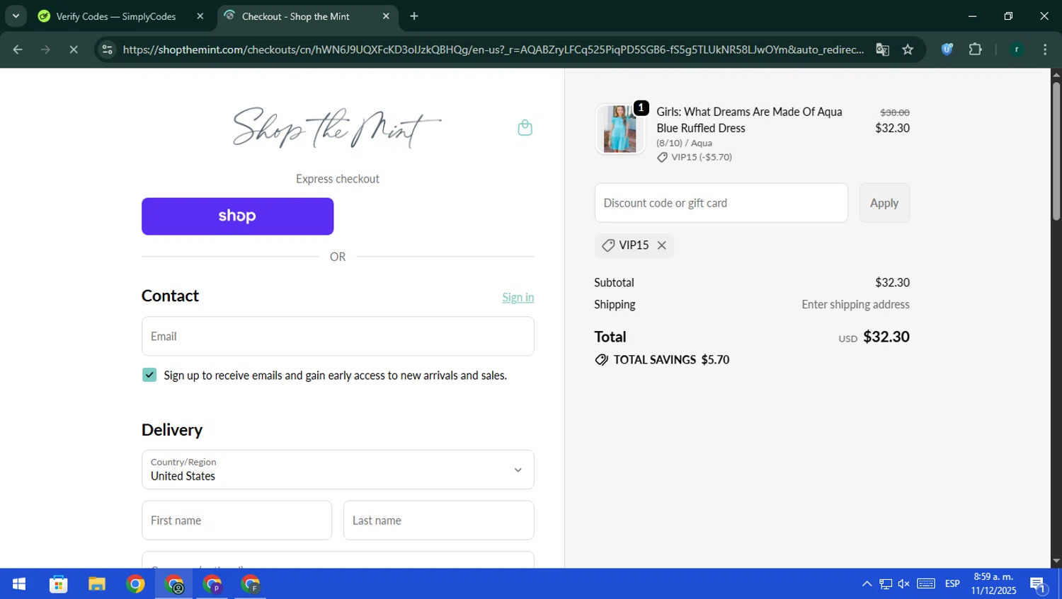 Mint Julep Boutique checkout page showing Mint Julep Boutique coupon code box | Screenshot taken by SimplyCodes community member on Dec 11, 2025