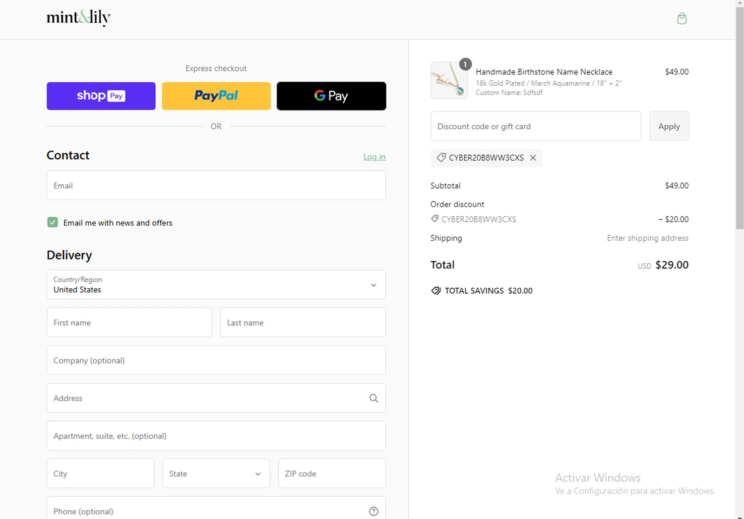 where to use Mint & Lily promo code box