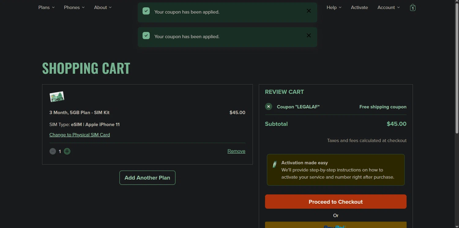 Mint Mobile promo code screenshot showing code LEGALAF applied at Mint Mobile checkout page. Uploaded by SimplyCodes community member Nor_man on Aug 22, 2025