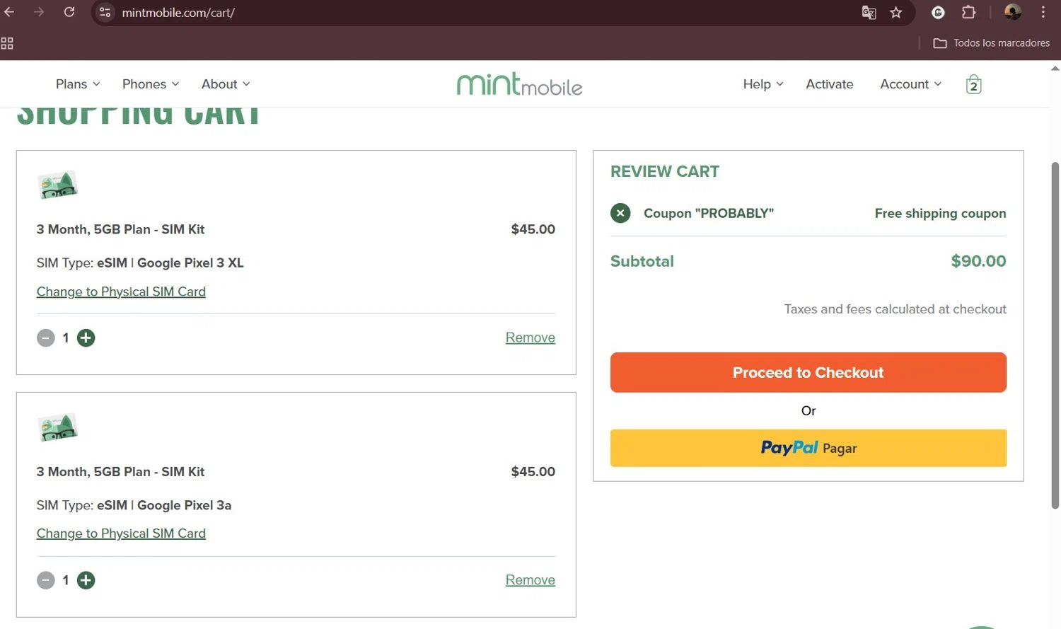 Mint Mobile promo code screenshot showing code PROBABLY applied at Mint Mobile checkout page. Uploaded by SimplyCodes community member Milaya on Mar 30, 2025