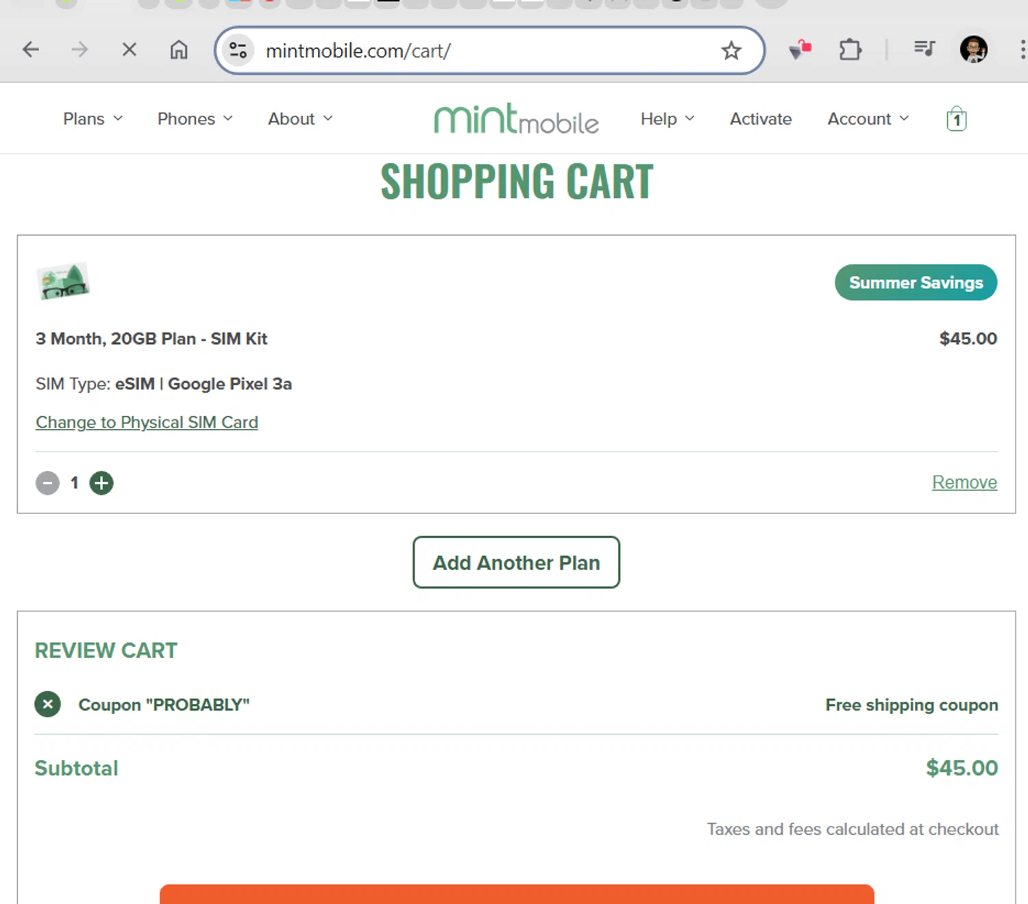 Mint Mobile promo code screenshot showing code PROBABLY applied at Mint Mobile checkout page. Uploaded by SimplyCodes community member WonderExpert2552 on Jun 25, 2025