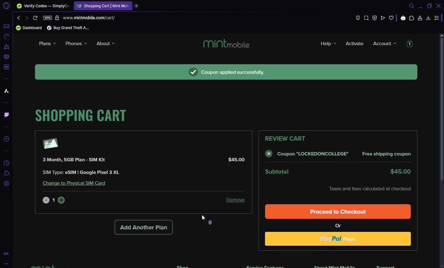Mint Mobile promo code screenshot showing code LOCKEDONCOLLEGE applied at Mint Mobile checkout page. Uploaded by SimplyCodes community member Darka007 on May 27, 2025