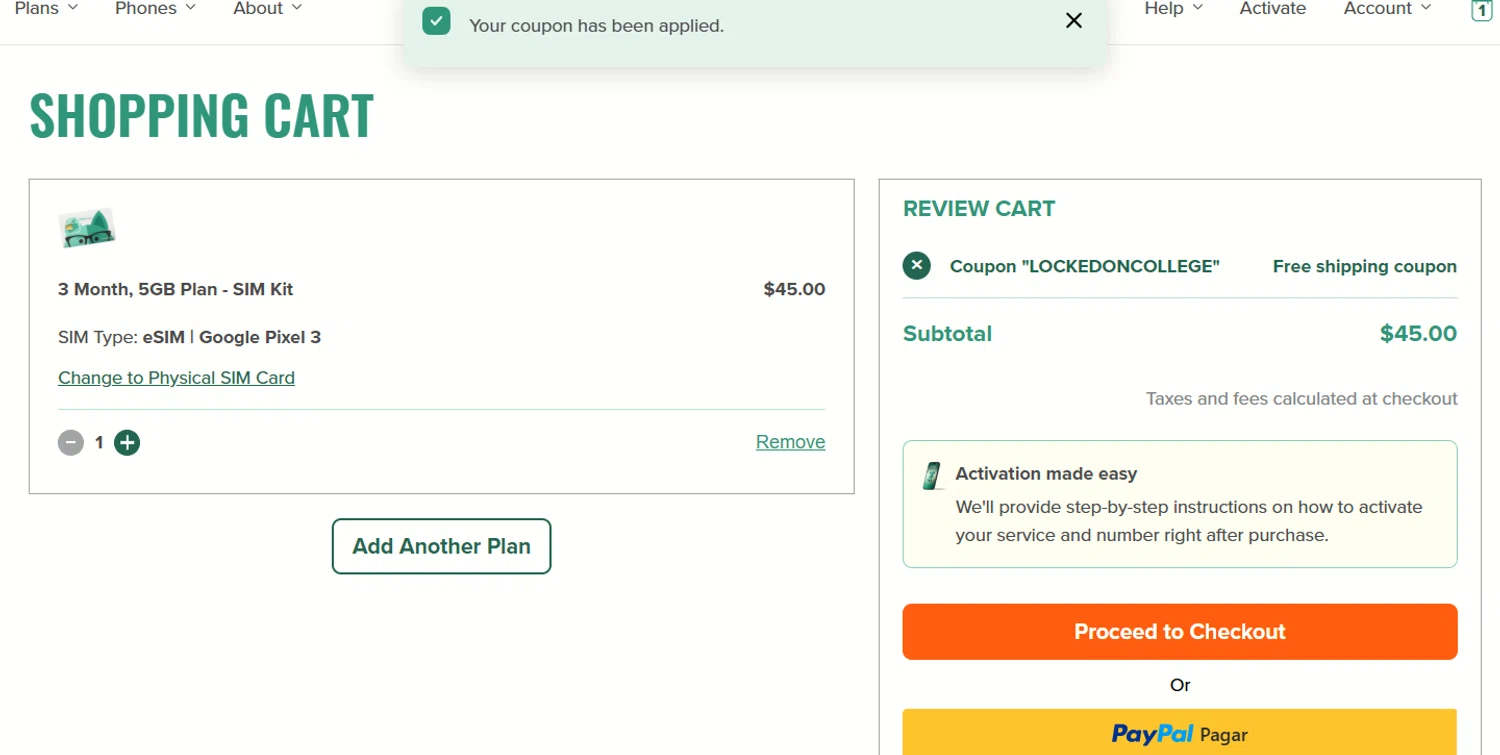 Mint Mobile promo code screenshot showing code LOCKEDONCOLLEGE applied at Mint Mobile checkout page. Uploaded by SimplyCodes community member mangoBajito1543 on Jul 24, 2025
