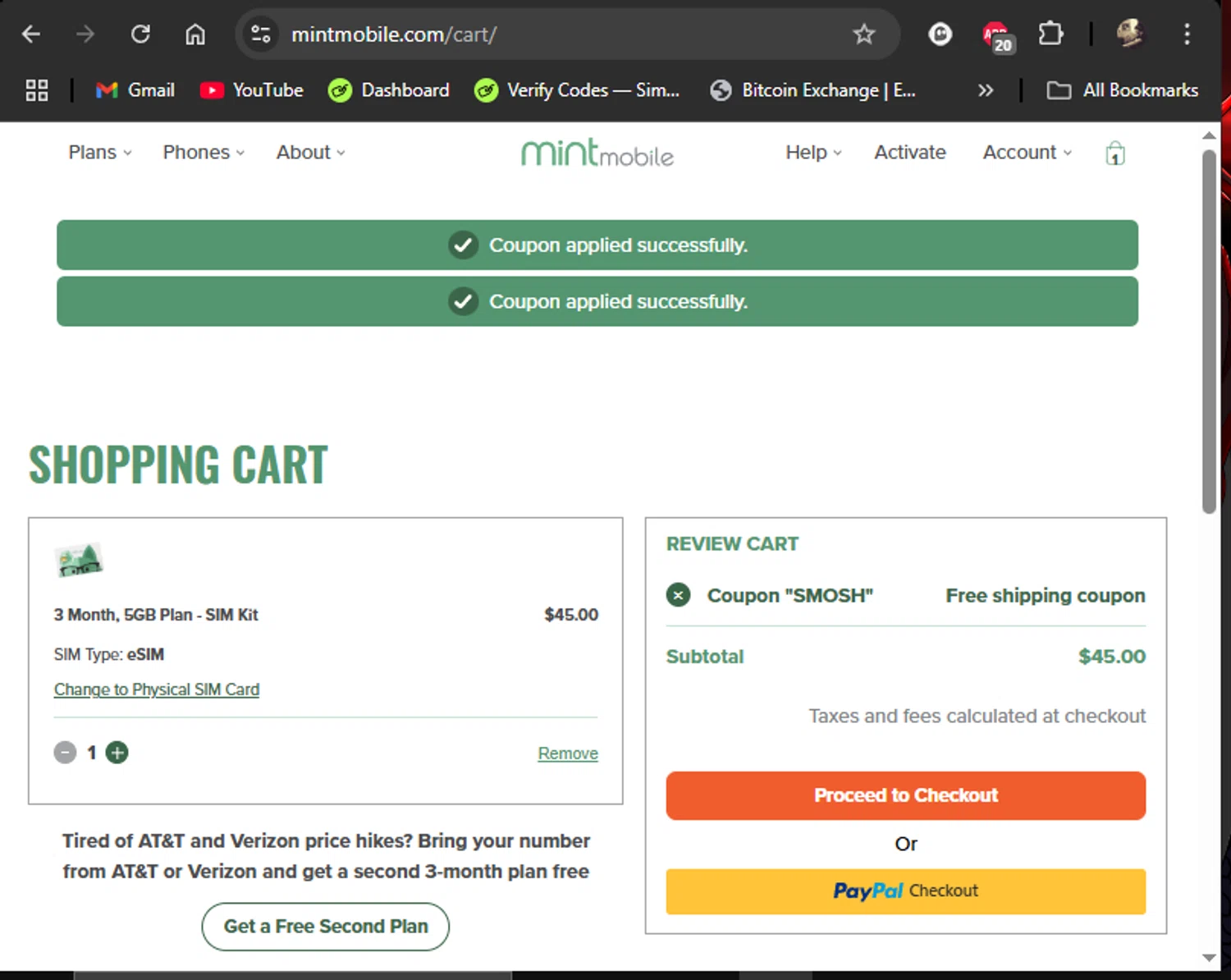 Mint Mobile promo code screenshot showing code SMOSH applied at Mint Mobile checkout page. Uploaded by SimplyCodes community member LiShang on Mar 30, 2025