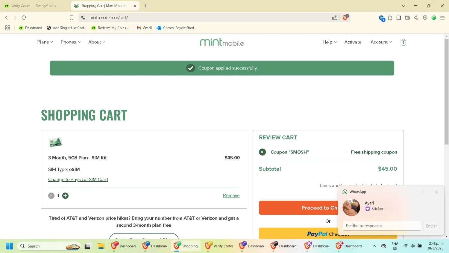 Mint Mobile promo code screenshot showing code SMOSH applied at Mint Mobile checkout page. Uploaded by SimplyCodes community member PennyMonarch4540 on Mar 30, 2025