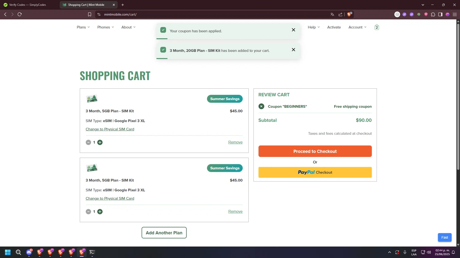 Mint Mobile promo code screenshot showing code BEGINNERS applied at Mint Mobile checkout page. Uploaded by SimplyCodes community member DiscountExpert7937 on Jun 25, 2025