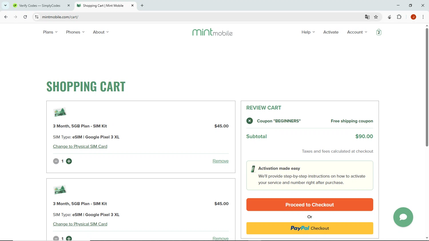 Mint Mobile promo code screenshot showing code BEGINNERS applied at Mint Mobile checkout page. Uploaded by SimplyCodes community member NobleMaven802 on Jul 24, 2025