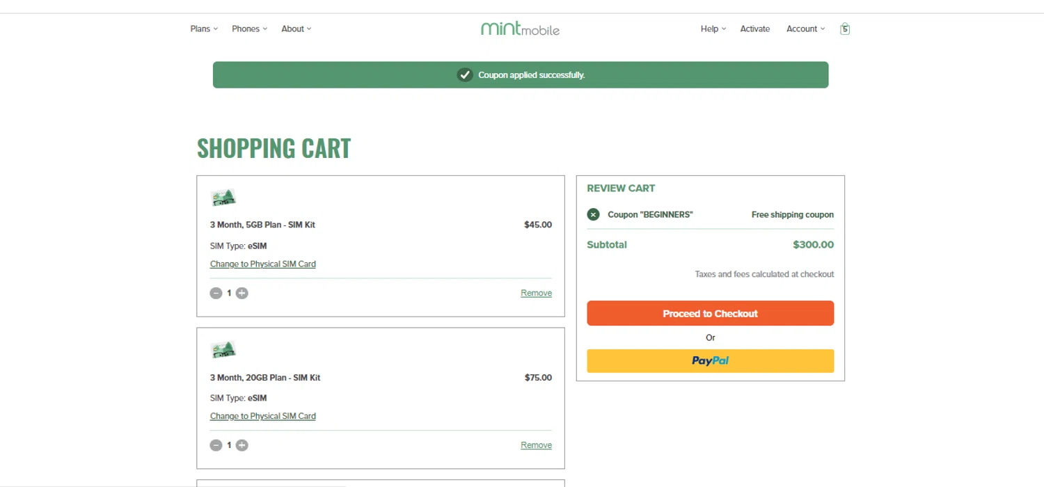 Mint Mobile promo code screenshot showing code BEGINNERS applied at Mint Mobile checkout page. Uploaded by SimplyCodes community member ichigo1234 on Mar 30, 2025