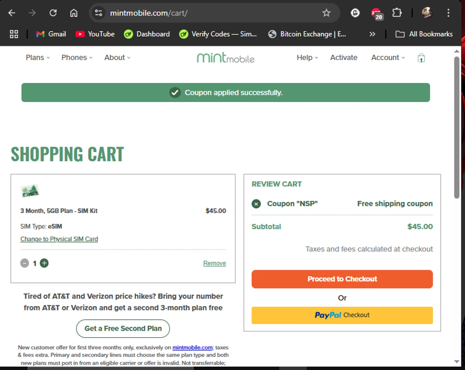 Mint Mobile promo code screenshot showing code NSP applied at Mint Mobile checkout page. Uploaded by SimplyCodes community member LiShang on Mar 30, 2025