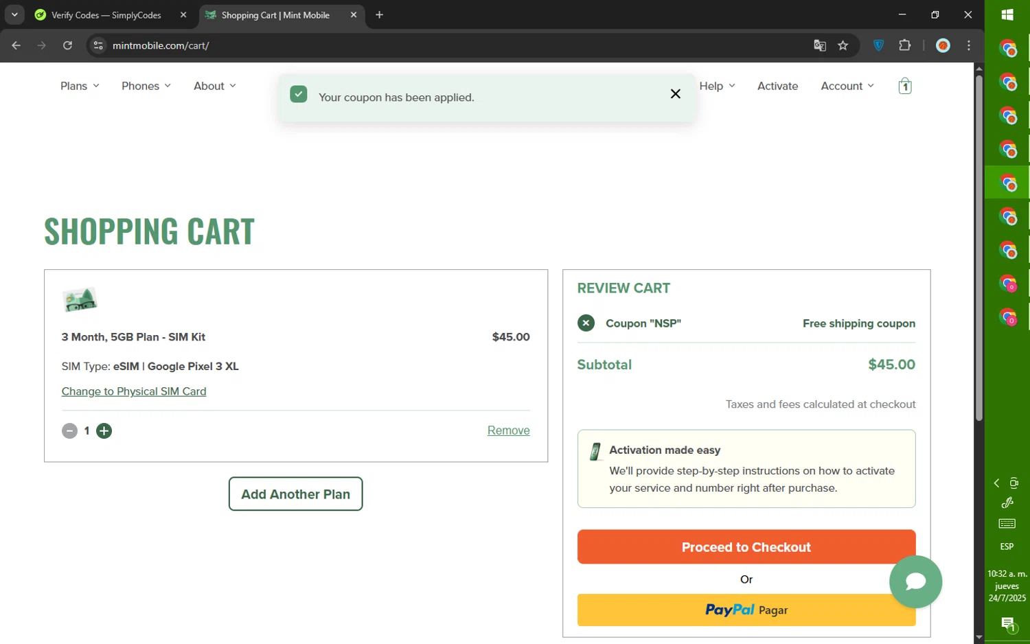 Mint Mobile promo code screenshot showing code NSP applied at Mint Mobile checkout page. Uploaded by SimplyCodes community member SalePhoenix823 on Jul 24, 2025