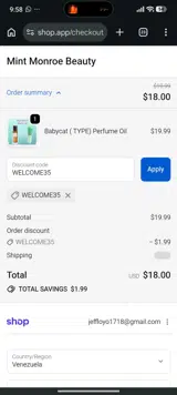 WELCOME35 coupon verification screenshot