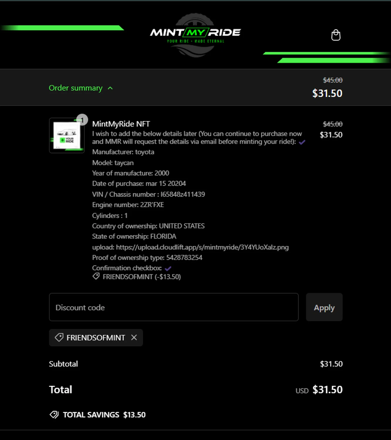 MintMyRide promo code screenshot showing code FRIENDSOFMINT applied at MintMyRide checkout page. Uploaded by SimplyCodes community member Nohely on Dec 29, 2024