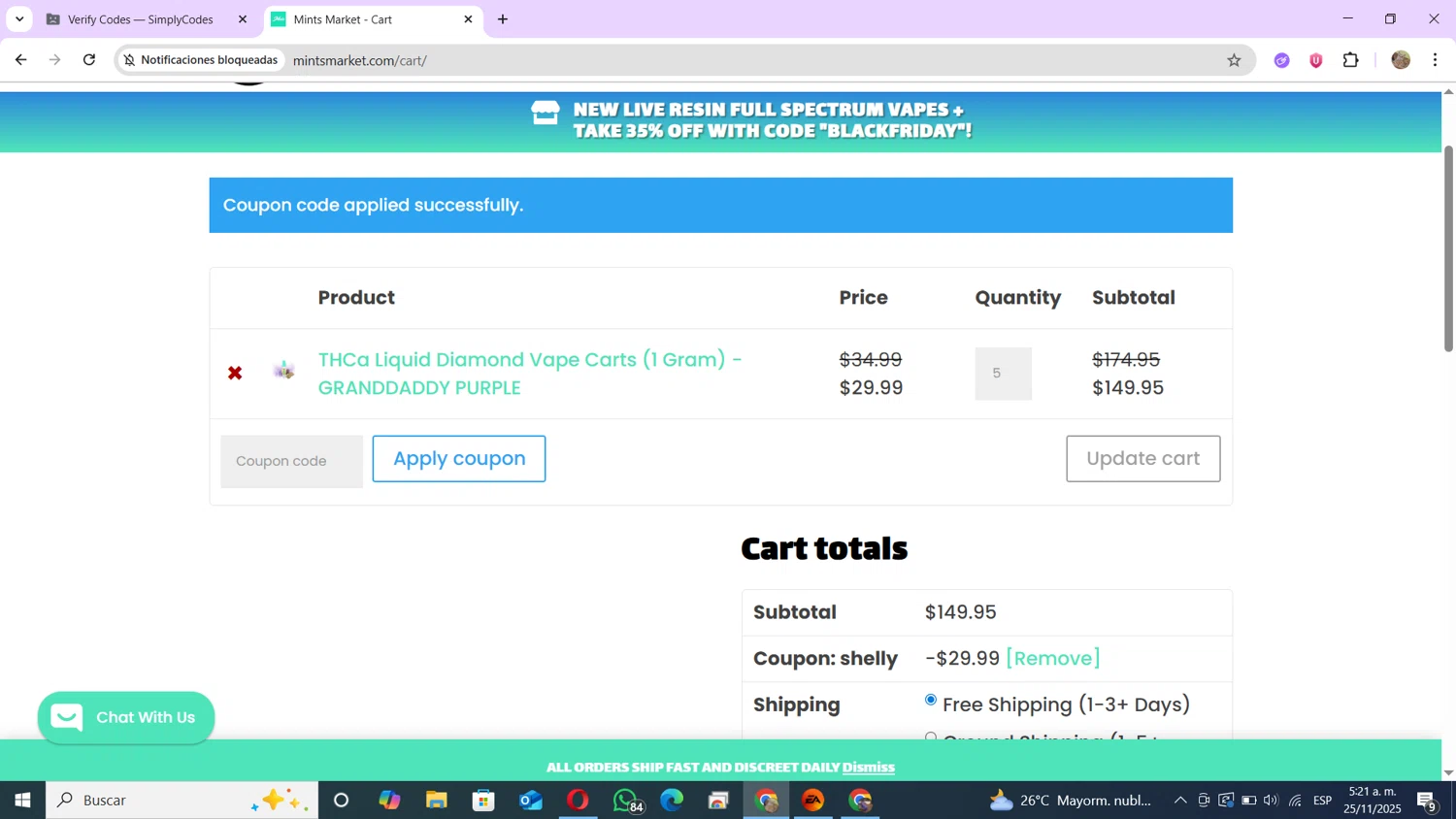 Mints Market coupon code screenshot showing code Shelly applied at Mints Market checkout page. Uploaded by SimplyCodes community member andres100 on Nov 25, 2025