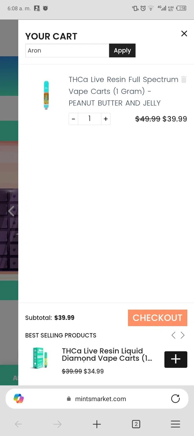 Mints Market coupon code screenshot showing code Aron applied at Mints Market checkout page. Uploaded by SimplyCodes community member Enmanuel17 on Nov 25, 2025