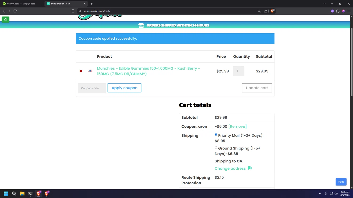 Mints Market coupon code screenshot showing code Aron applied at Mints Market checkout page. Uploaded by SimplyCodes community member TOKIOBOT on May 8, 2025