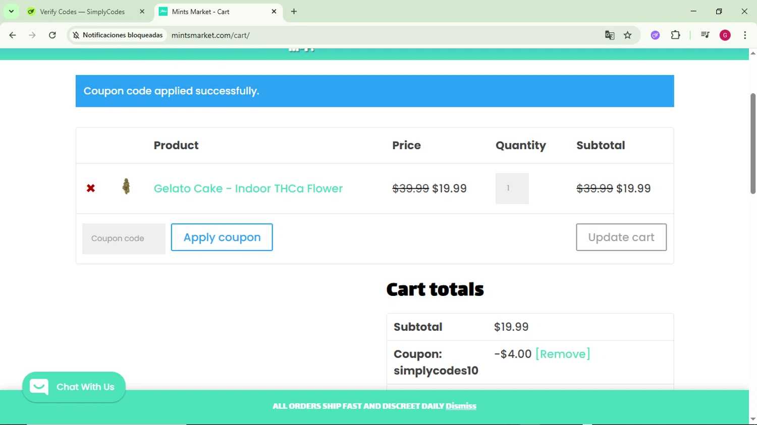 Mints Market coupon code screenshot showing code SIMPLYCODES10 applied at Mints Market checkout page. Uploaded by SimplyCodes community member CrownFinder3074 on Oct 23, 2025
