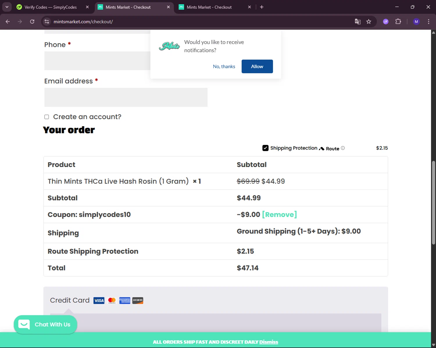 Mints Market coupon code screenshot showing code SIMPLYCODES10 applied at Mints Market checkout page. Uploaded by SimplyCodes community member RewardLynx5307 on Dec 20, 2025