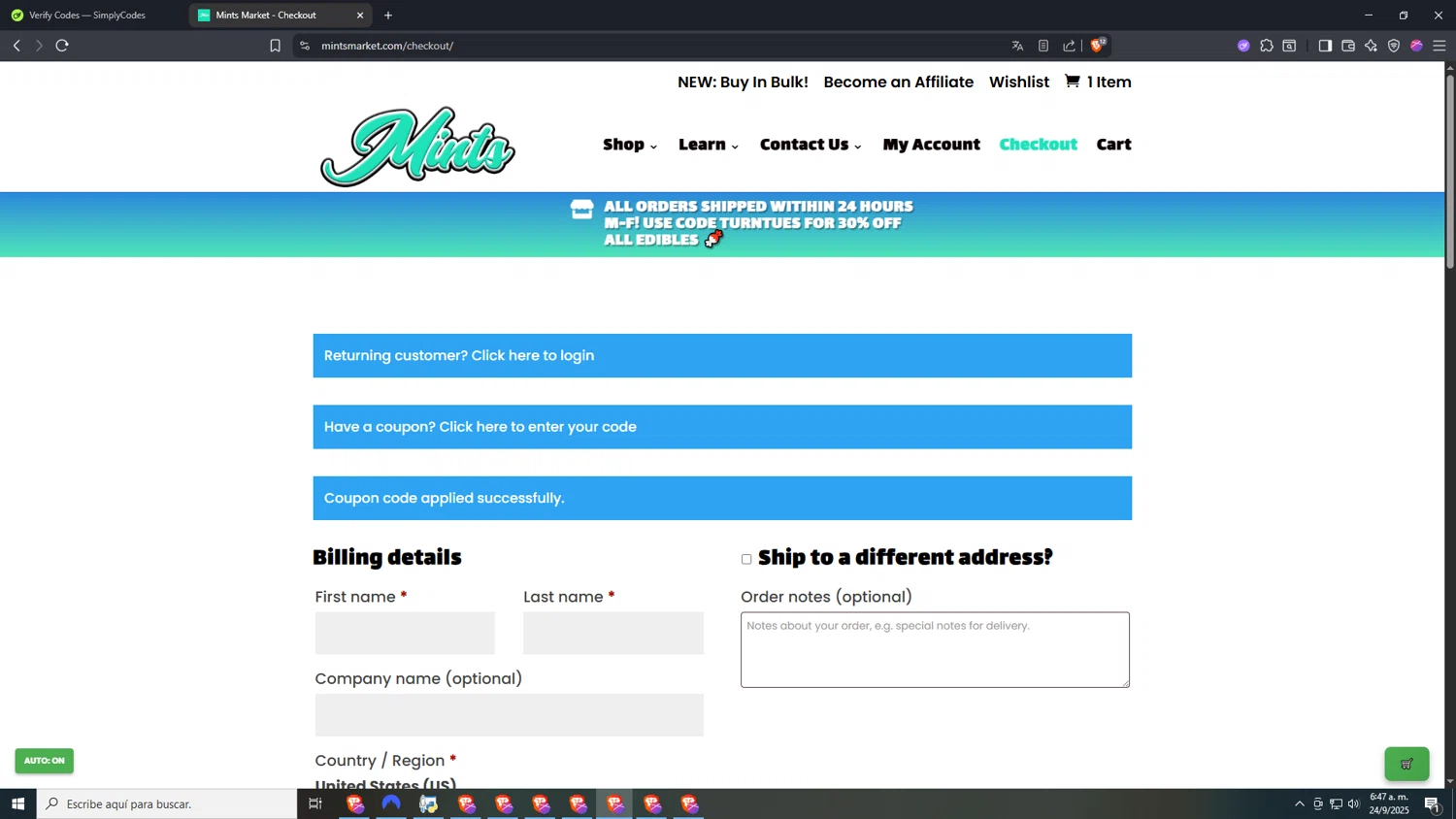 Mints Market coupon code screenshot showing code SIMPLYCODES10 applied at Mints Market checkout page. Uploaded by SimplyCodes community member VictoriousDefender7352 on Sep 24, 2025