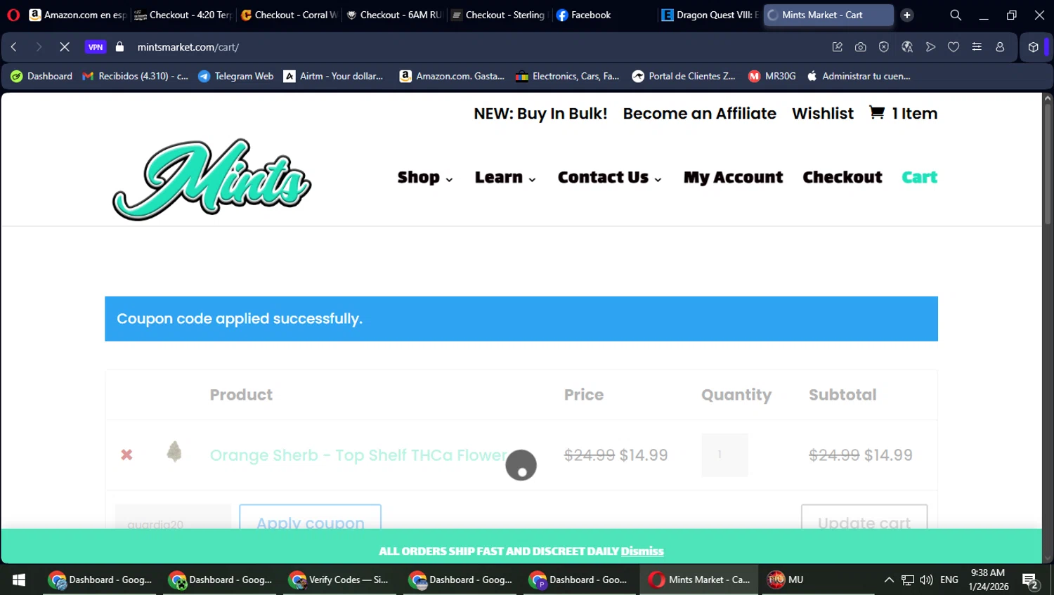 Mints Market checkout page showing Mints Market coupon code box | Screenshot taken by SimplyCodes community member on Jan 24, 2026