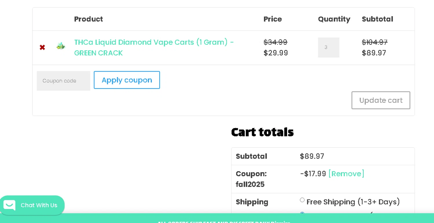 Mints Market coupon code screenshot showing code FALL2025 applied at Mints Market checkout page. Uploaded by SimplyCodes community member shark12 on Dec 4, 2025