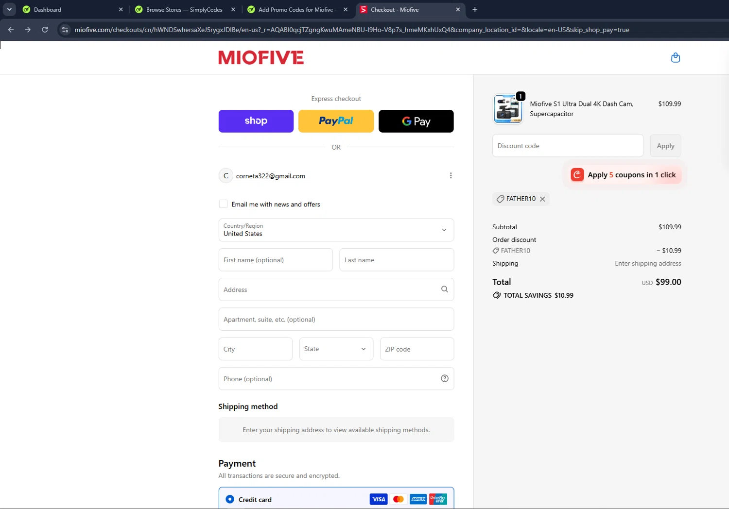 Miofive promo code screenshot showing code FATHER10 applied at Miofive checkout page. Uploaded by SimplyCodes community member VictoriousCaptain3902 on Jun 18, 2026