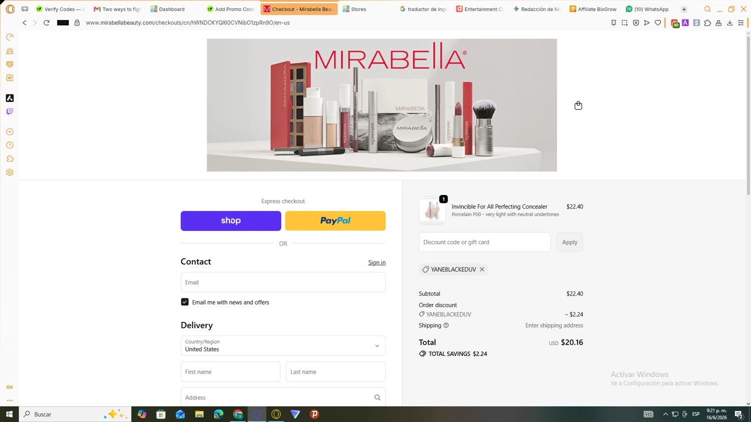 Mirabella promo code screenshot showing code YANEBLACKEDUV applied at Mirabella checkout page. Uploaded by SimplyCodes community member JEUGENIO on Jun 17, 2026