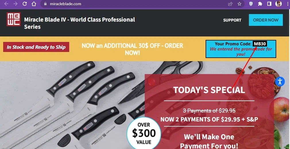 Miracle Blade World Class checkout page showing Miracle Blade World Class promo code box | Screenshot taken by SimplyCodes community member on Apr 2, 2022