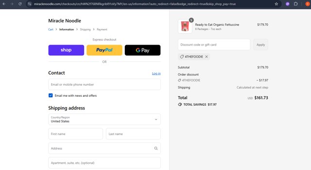 Miracle Noodle checkout page showing Miracle Noodle promo code box | Screenshot taken by SimplyCodes community member on Sep 6, 2025