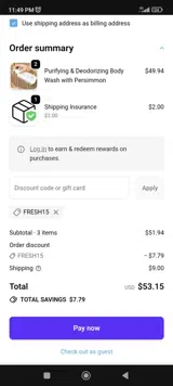 FRESH15 coupon verification screenshot