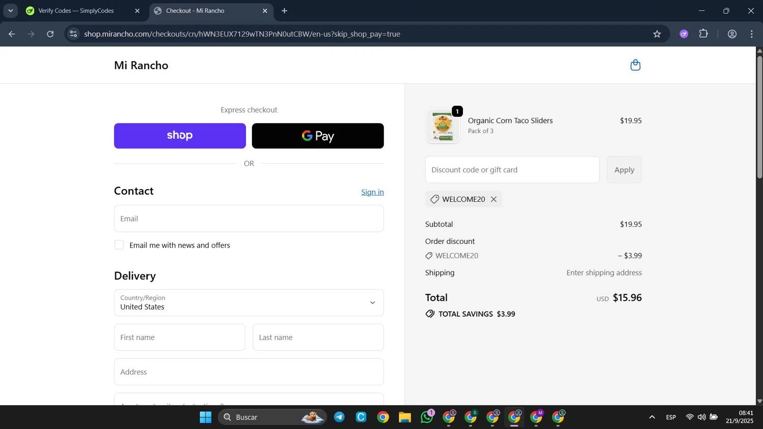Mi Rancho promo code screenshot showing code WELCOME20 applied at Mi Rancho checkout page. Uploaded by SimplyCodes community member CleverFalcon6244 on Sep 21, 2025