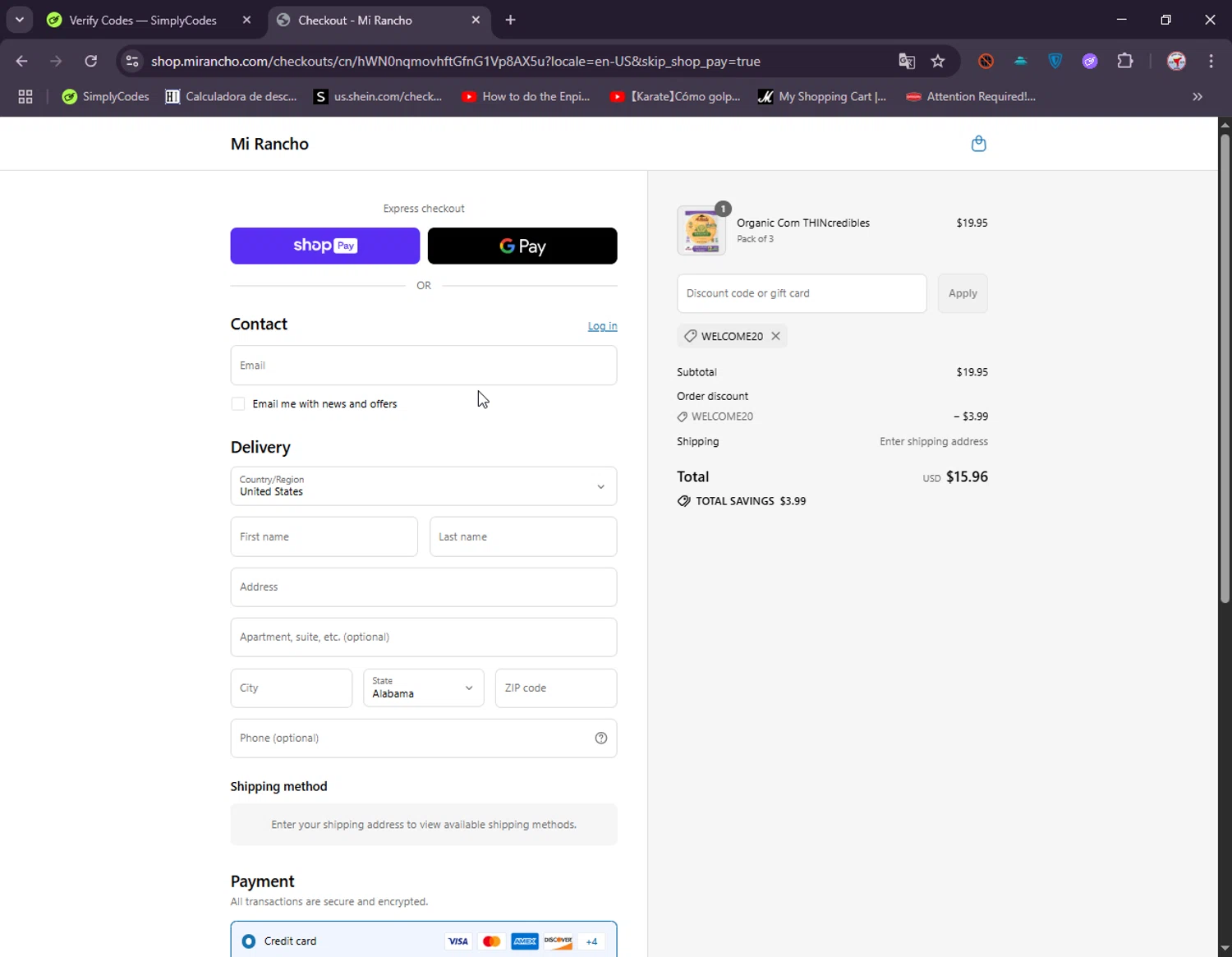 Mi Rancho promo code screenshot showing code WELCOME20 applied at Mi Rancho checkout page. Uploaded by SimplyCodes community member ElIntrepidoVolador on Jul 19, 2025