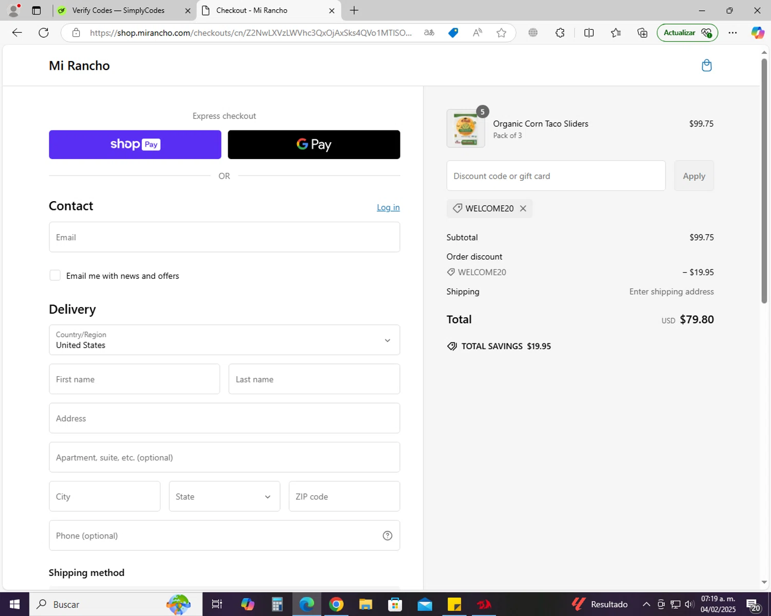 Mi Rancho promo code screenshot showing code WELCOME20 applied at Mi Rancho checkout page. Uploaded by SimplyCodes community member jhoanDepp on Feb 4, 2025