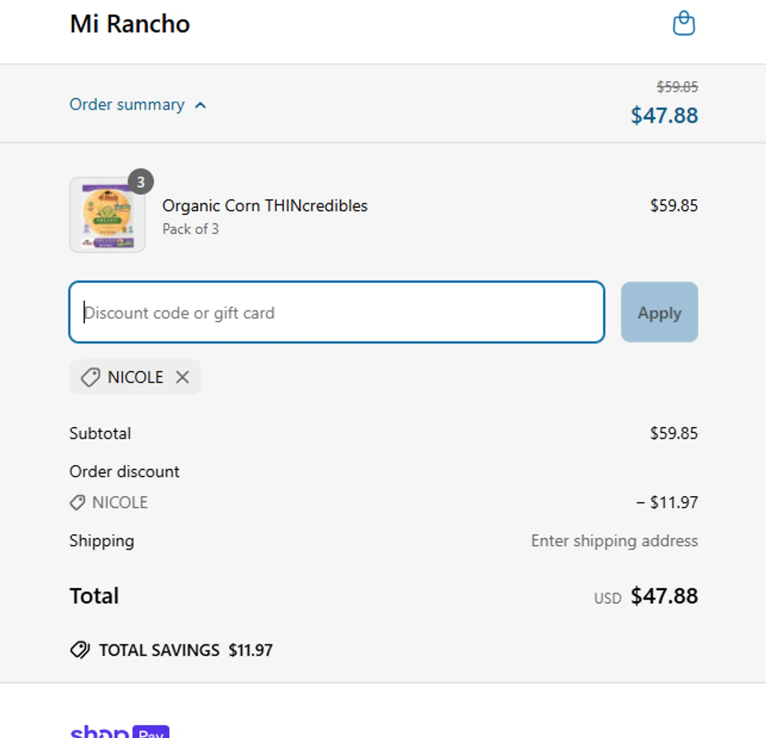Mi Rancho promo code screenshot showing code NICOLE applied at Mi Rancho checkout page. Uploaded by SimplyCodes community member Guacamole_Picante on Apr 20, 2025