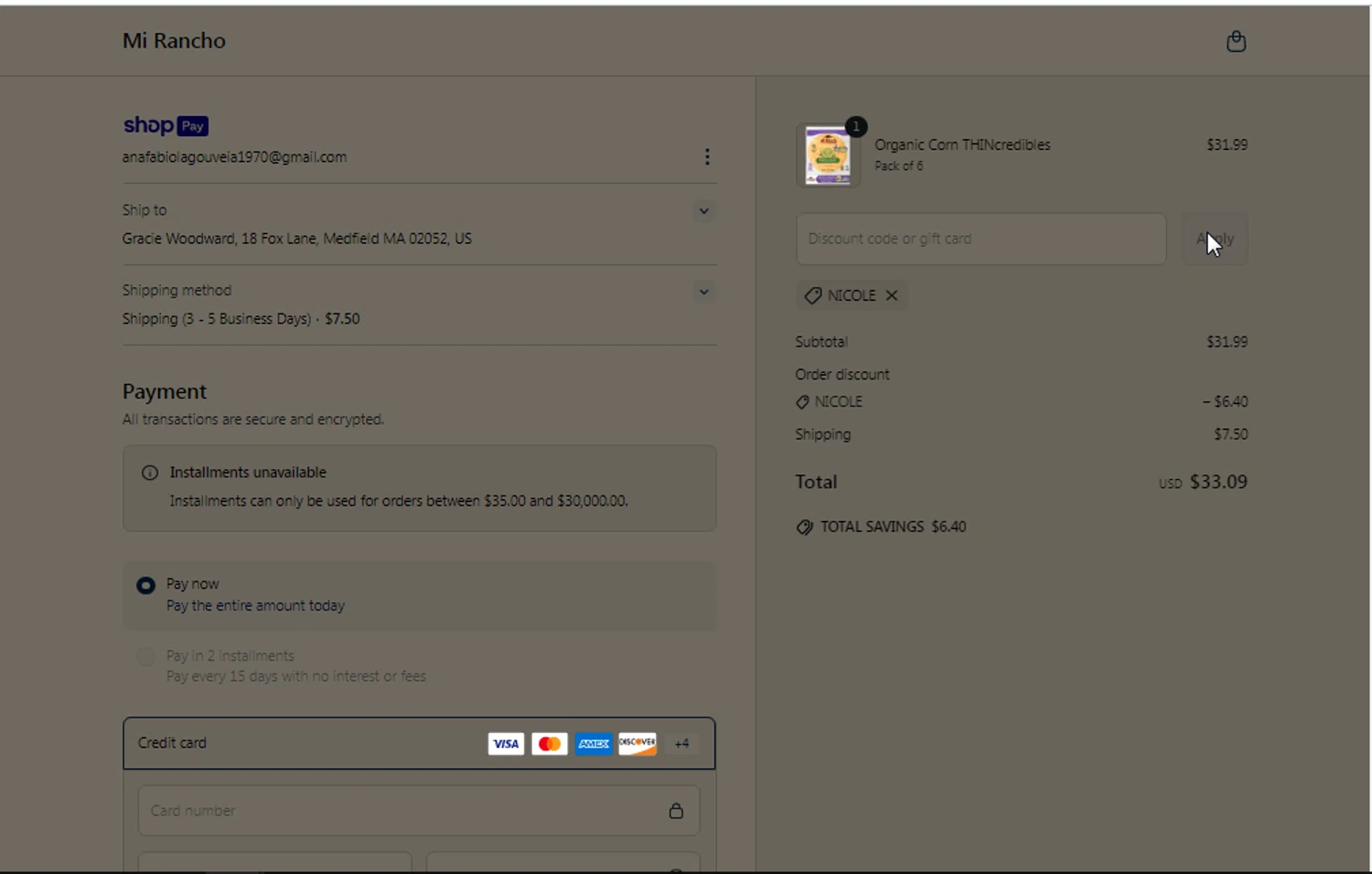Mi Rancho promo code screenshot showing code NICOLE applied at Mi Rancho checkout page. Uploaded by SimplyCodes community member IFeelGood3 on Apr 20, 2025