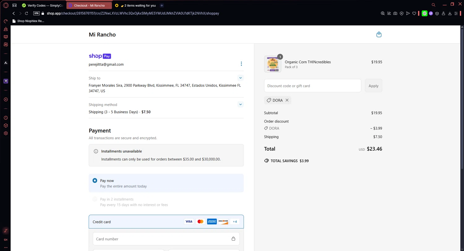 Mi Rancho promo code screenshot showing code DORA applied at Mi Rancho checkout page. Uploaded by SimplyCodes community member ALCUPONE on Apr 17, 2025