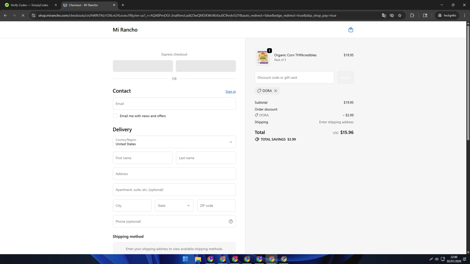 Mi Rancho checkout page showing Mi Rancho promo code box | Screenshot taken by SimplyCodes community member on Jan 3, 2026