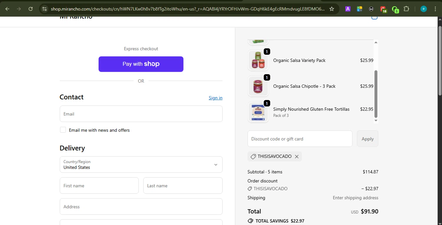 Mi Rancho promo code screenshot showing code THISISAVOCADO applied at Mi Rancho checkout page. Uploaded by SimplyCodes community member PrincessCoupon on Jan 7, 2026
