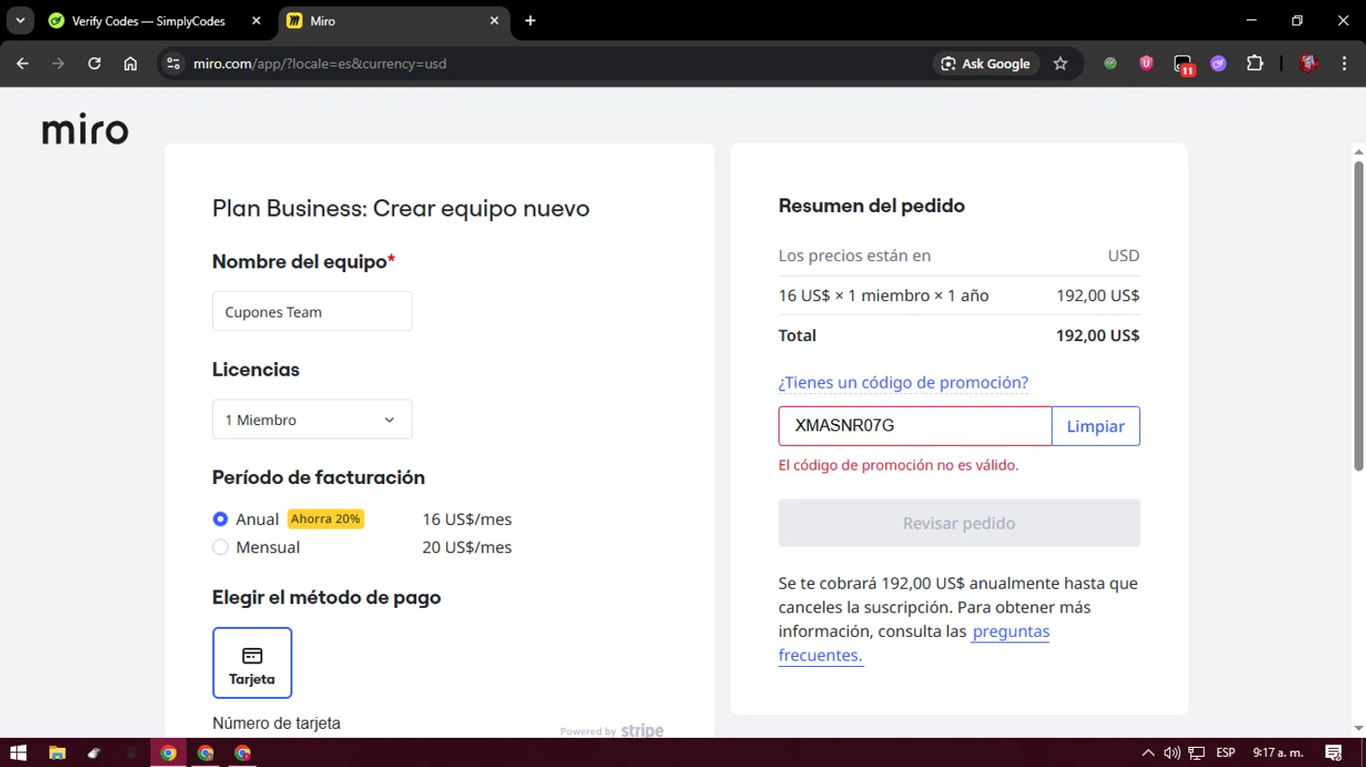 Miro promo code screenshot showing code XMASNR07G applied at Miro checkout page. Uploaded by SimplyCodes community member CouponHawk7847 on Dec 30, 2025