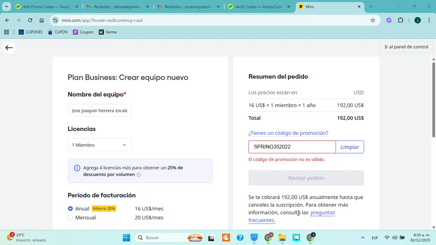 Miro promo code screenshot showing code SPRING352022 applied at Miro checkout page. Uploaded by SimplyCodes community member jorgejavierherrera on Dec 30, 2025