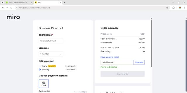 Miro checkout page showing Miro promo code box | Screenshot taken by SimplyCodes community member on Sep 11, 2025