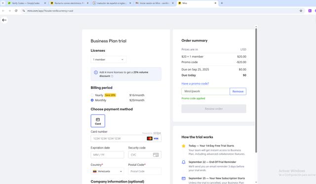 Miro checkout page showing Miro promo code box | Screenshot taken by SimplyCodes community member on Sep 11, 2025