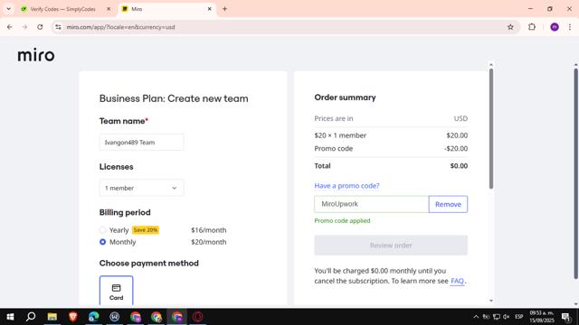 Miro checkout page showing Miro promo code box | Screenshot taken by SimplyCodes community member on Sep 15, 2025