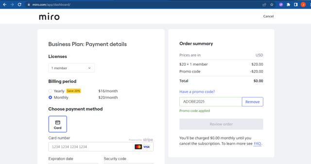 Miro checkout page showing Miro promo code box | Screenshot taken by SimplyCodes community member on Sep 2, 2025