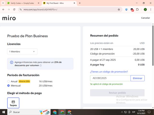 Miro checkout page showing Miro promo code box | Screenshot taken by SimplyCodes community member on Sep 13, 2025