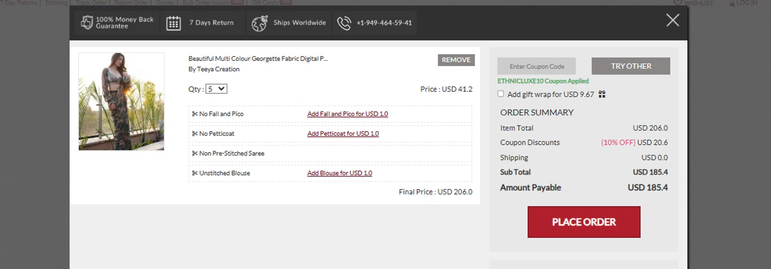 Mirraw coupon code screenshot showing code ETHNICLUXE10 applied at Mirraw checkout page. Uploaded by SimplyCodes community member CouponLion324 on May 9, 2025