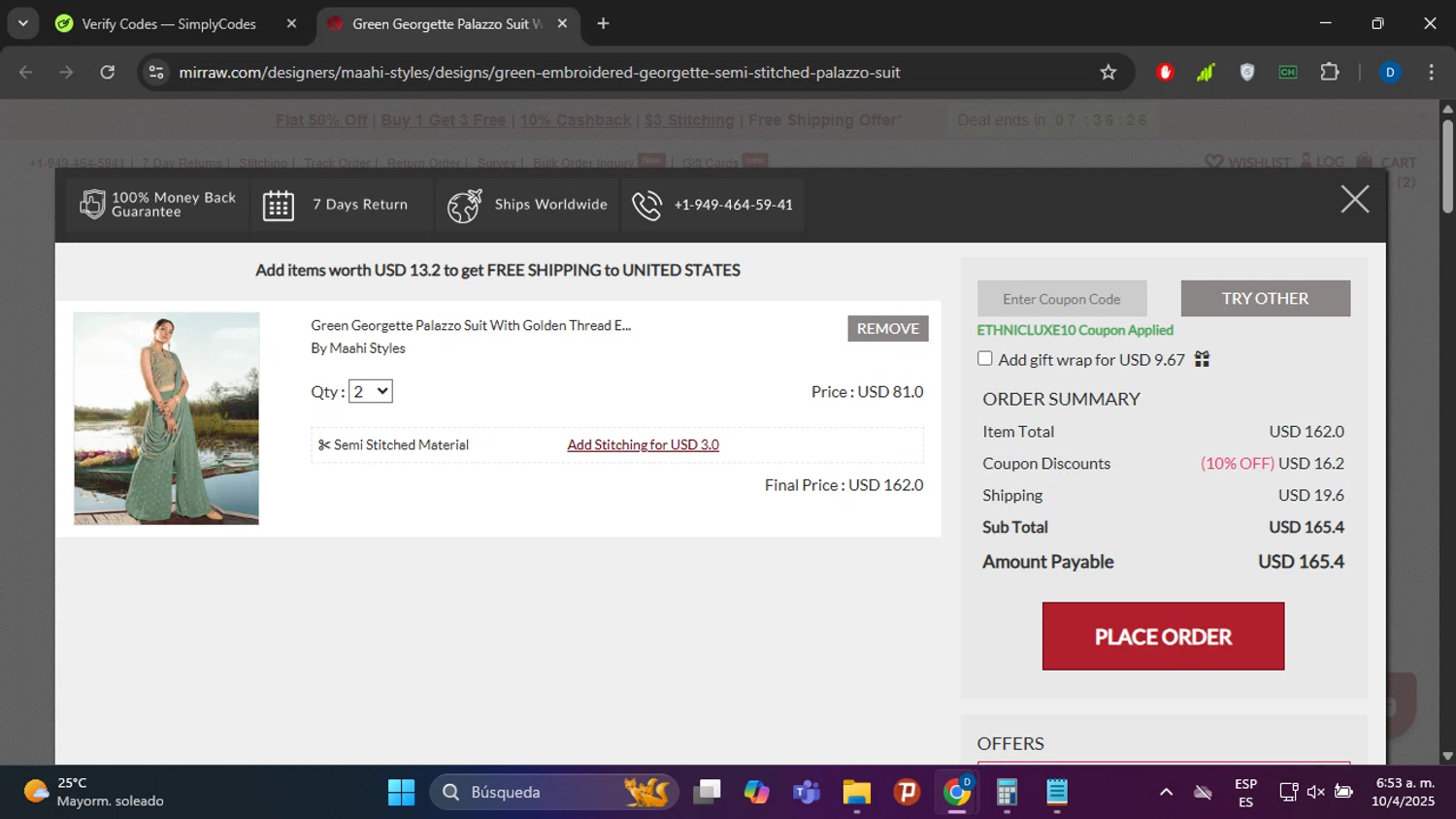 Mirraw coupon code screenshot showing code ETHNICLUXE10 applied at Mirraw checkout page. Uploaded by SimplyCodes community member danielgarcia1 on Apr 10, 2025