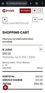 Mirvish Life of Pi coupon verification screenshot