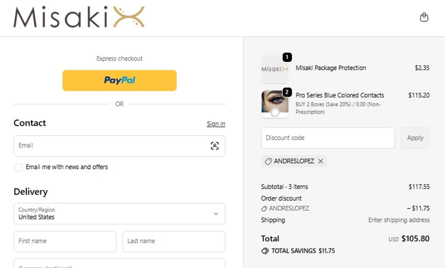 Misaki Cosmetics promo code screenshot showing code ANDRESLOPEZ applied at Misaki Cosmetics checkout page. Uploaded by SimplyCodes community member mandrakke on Jun 15, 2026