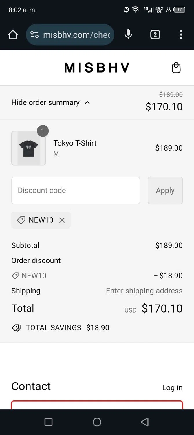 MISBHV checkout page showing MISBHV promo code box | Screenshot taken by SimplyCodes community member on Aug 27, 2024